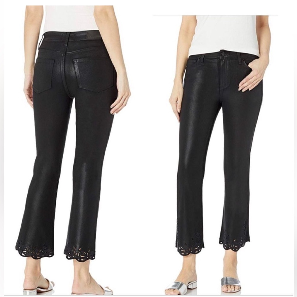 High Rise Paige Claudine Flared Jean with Rose Trim detail